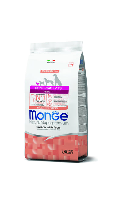 Monge Extra Small Adult Monoprotein Salmon with Rice - пълноценна суха храна за кучета от мини породи със сьомга и ориз 2,5 кг