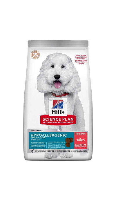 Hills Science Plan Canine Hypoallergenic Medium Adult – хипоалергенна суха храна за кучета от средни породи от 1 до 6 години със сьомга 10+2 кг.