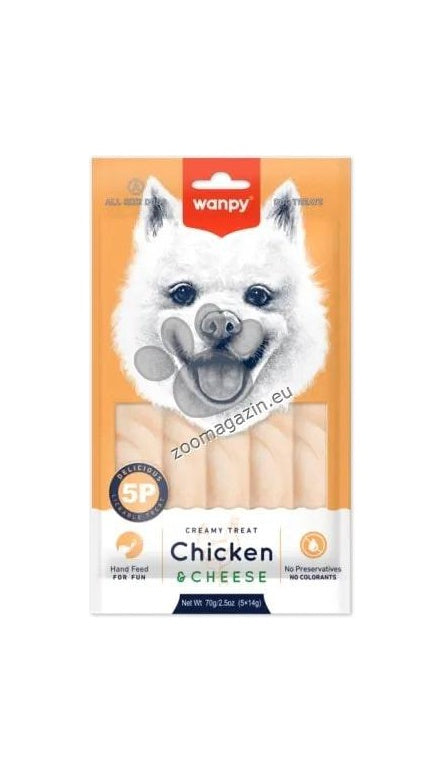 Wanpy Dog - кремообразно лакомство за кучета с пиле и сирене, 5х14 гр.