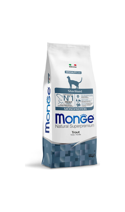 Monge Natural Superpremium Monoprotein Sterilised Cat Trout - пълноценна суха храна за кастрирани котки с пъстърва 10 кг