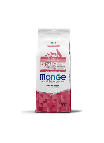 Monge All Breeds Puppy and Junior Monoprotein Beef with Rice - пълноценна суха храна за кученца от всички породи с телешко и ориз 12 кг