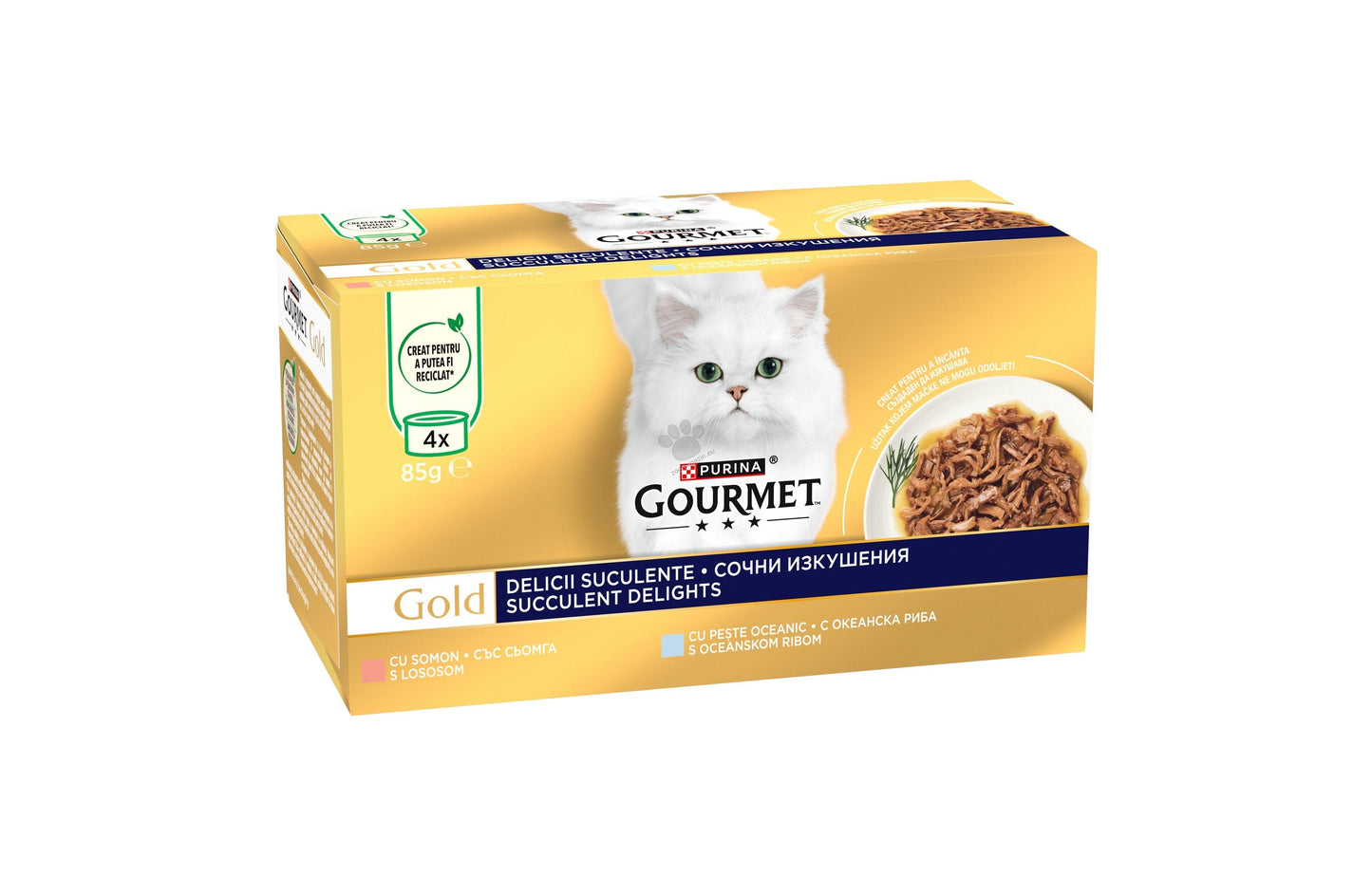 РАЗПРОДАЖБА Gourmet Gold Succulent Delights Launch in SEM - със сочна сьомга и с океанска риба 4 х 85 гр.