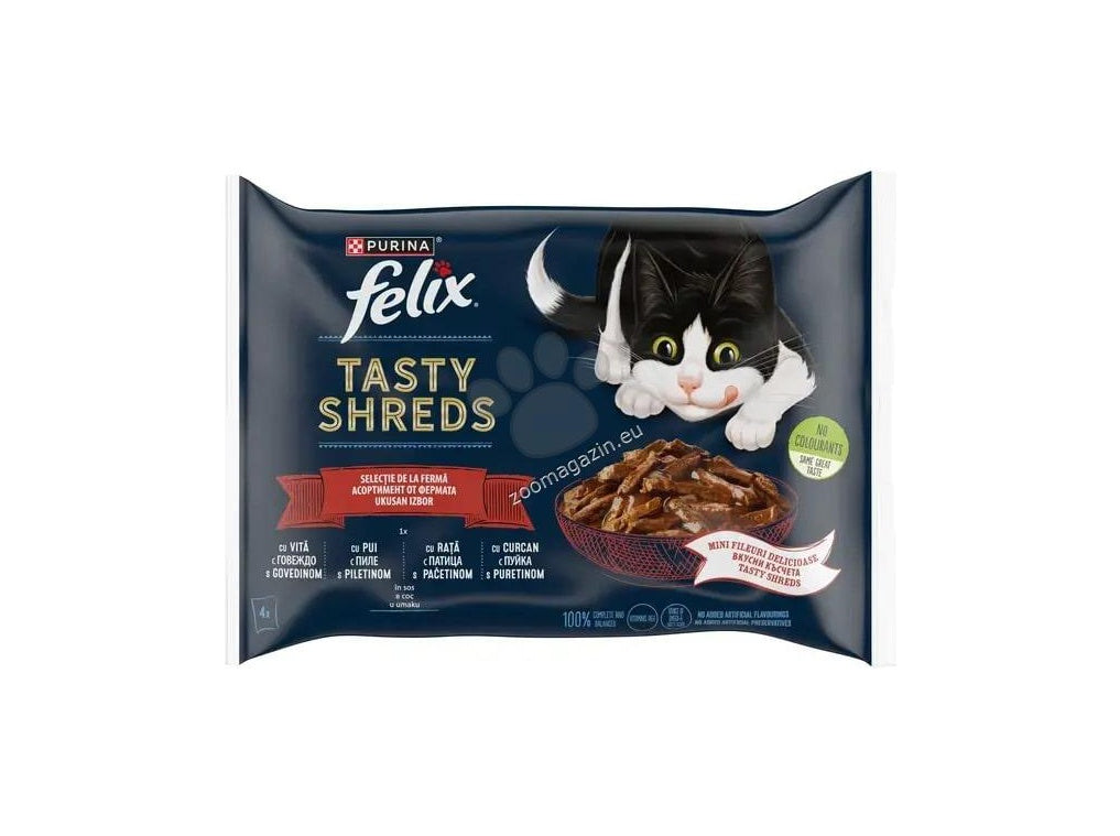 Felix Tasty Shreds Multipack - паучове за котки с пилешко, патешко, пуешко и говеждо месо 4 x 80 гр