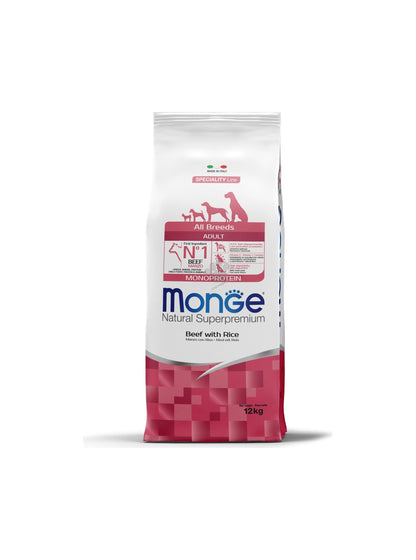 Monge All Breeds Adult Monoprotein Beef with Rice - пълноценна суха храна за кучета от всички породи с телешко и ориз 12 кг