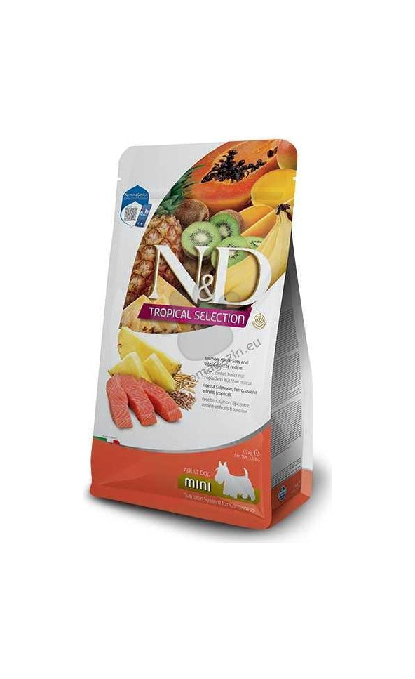 N&D Dog Tropical Selection Salmon Adult Mini - суха храна за кучета над 1 година от дребните породи, със сьомга, спелта, овес и тропически плодове
