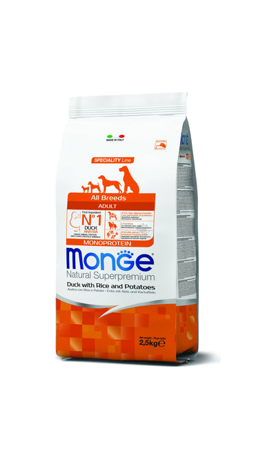 Monge All Breeds Adult Monoprotein Duck with Rice and Potatoes - пълноценна суха храна за кучета от всички породи с патешко, ориз и картофи 2,5 кг
