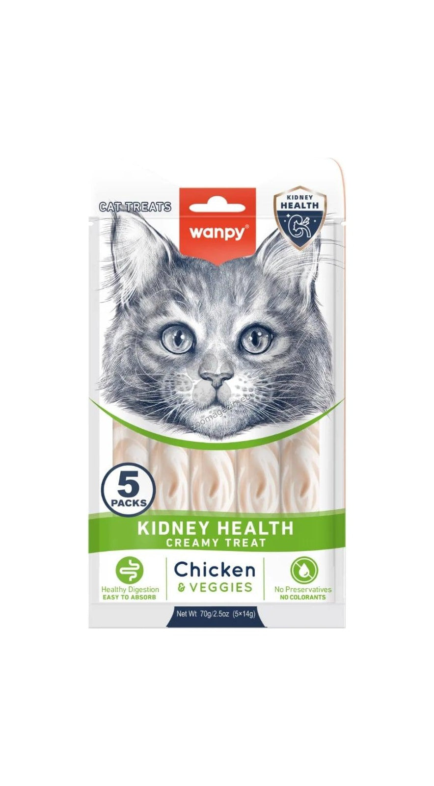 Wanpy Cat Kidney Health - кремообразно лакомство за котки с пилешко и зеленчуци, при проблеми с бъбреците 5 x 14 гр
