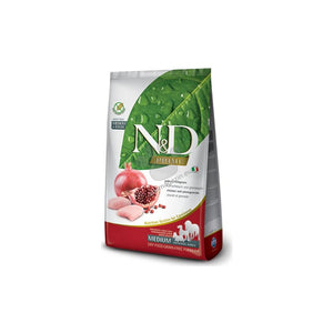 N&D Prime Chicken & Pomegranate Adult Medium & Maxi – суха храна без зърнени култури за кучета над 1 година от средни и едри породи с пилешко и нар 2.5 кг.