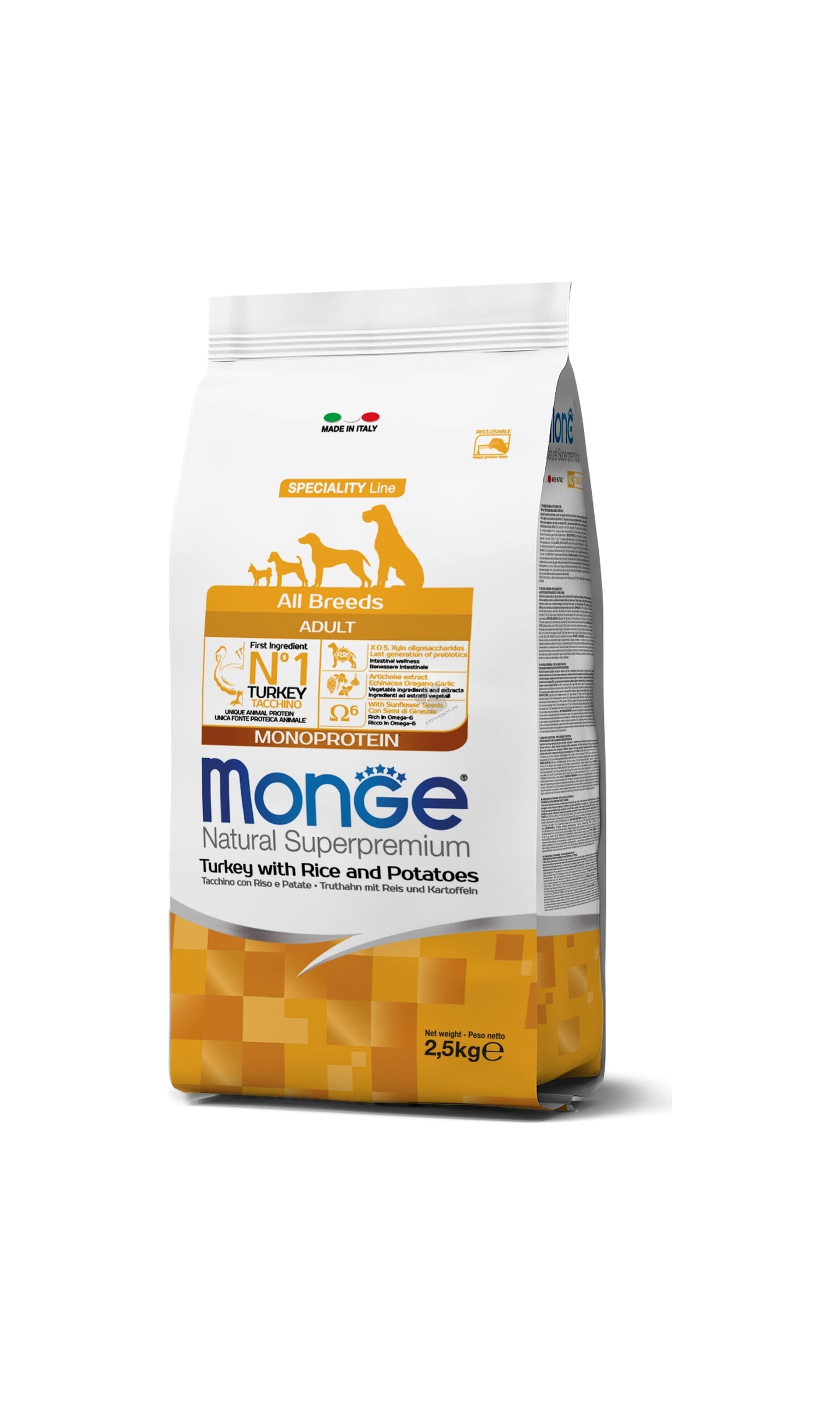 Monge All Breeds Adult Monoprotein Turkey with Rice and Potatoes - пълноценна суха храна за кучета от всички породи с пуешко, ориз и картофи 2,5 кг