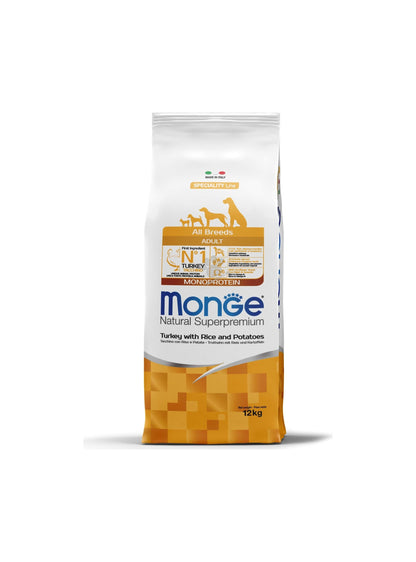 Monge All Breeds Adult Monoprotein Turkey with Rice and Potatoes - пълноценна суха храна за кучета от всички породи с пуешко, ориз и картофи 12 кг