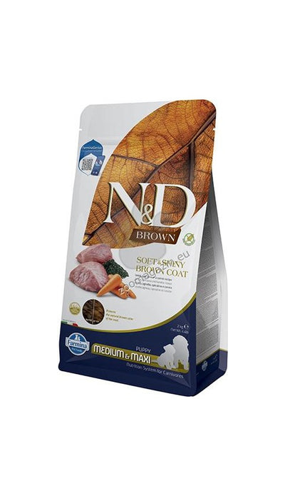 N&D Brown Dog Puppy Medium and Maxi Lamb, Spirulina and Carrot - пълноценна храна за кученца от средни и едри породи с агнешко месо 2 кг