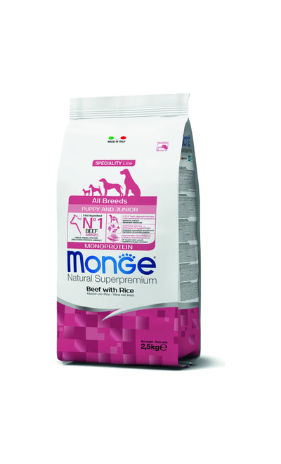 Monge All Breeds Puppy and Junior Monoprotein Beef with Rice - пълноценна суха храна за кученца от всички породи с телешко и ориз 2,5 кг
