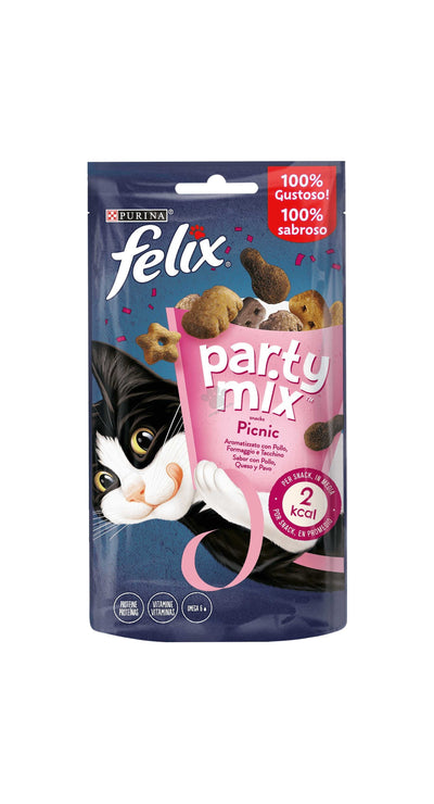 Felix Party Mix Picnic - допълваща суха храна за възрастни котки с вкус на пиле, сирене и пуешко 60гр.