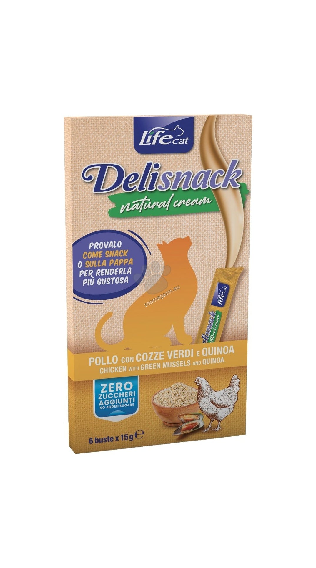 Life Cat Delisnacks - течно лакомство за котка с пилешко, миди и киноа 6 х 15 гр.