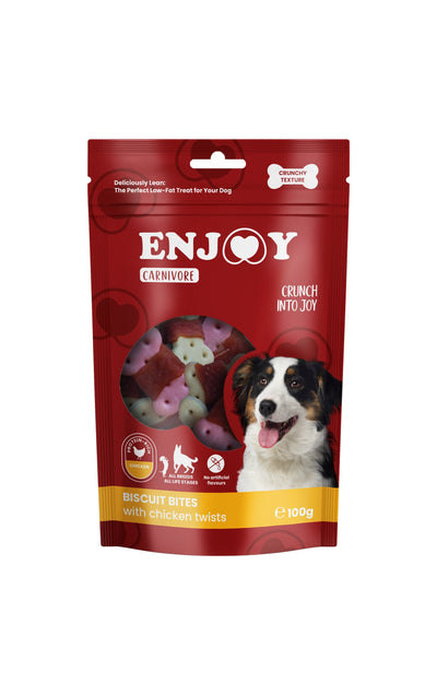 РАЗПРОДАЖБА Enjoy Carnivore Biscuit Bites with Chicken Twists - бисквити с пилешко месо 100 гр