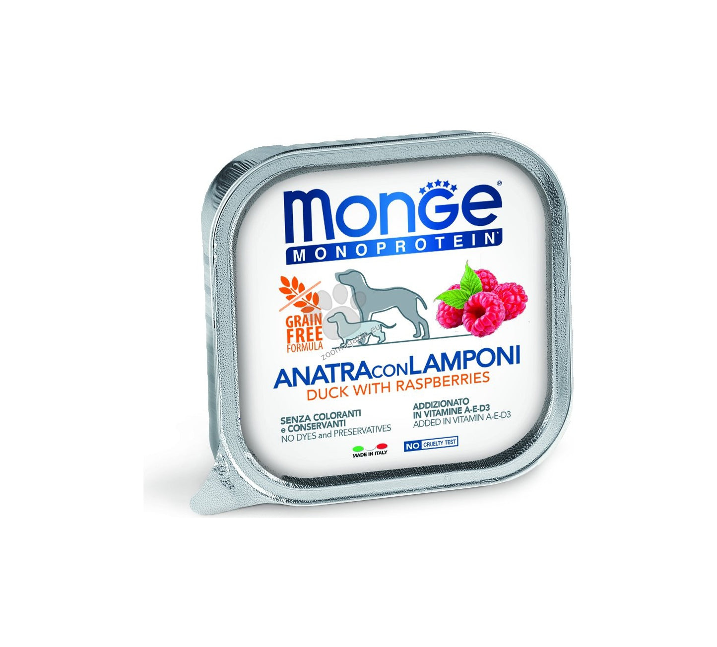 Monge Monoprotein Pate Duck with Raspberries - пастет за кучета в зряла възраст с патешко месо и малини 150 гр