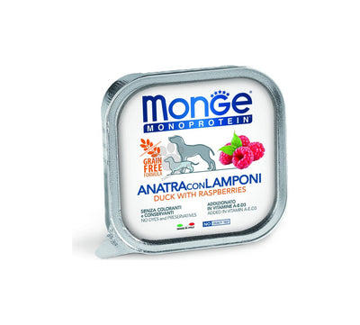 Monge Monoprotein Pate Duck with Raspberries - пастет за кучета в зряла възраст с патешко месо и малини 150 гр