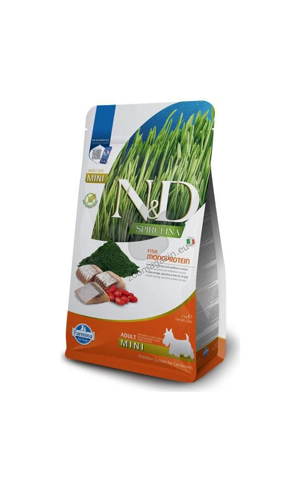 N&D SPIRULINA DOG HERRING & WOLFBERRY ADULT MINI - пълноценна храна със спирулина за кучета над 1г. от дребните породи, с херинга и годжи бери 2кг
