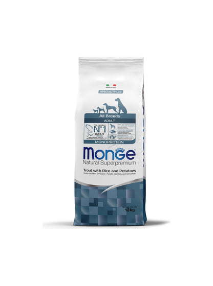 Monge All Breeds Adult Monoprotein Trout with Rice and Potatoes - пълноценна суха храна за кучета от всички породи с пъстърва, ориз и картофи 12 кг