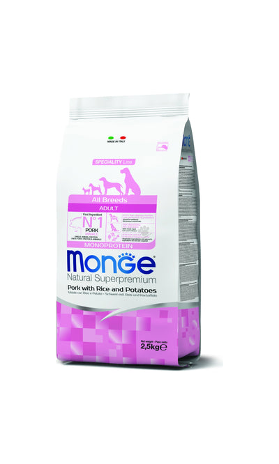 Monge All Breeds Adult Monoprotein Pork with Rice and Potatoes - пълноценна суха храна за кучета от всички породи със свинско, ориз и картофи 2,5 кг