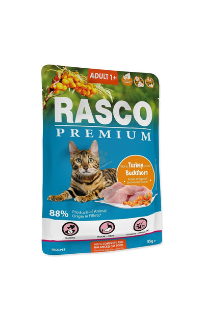 РАЗПРОДАЖБА Rasco Premium Adult Turkey and Buckhorn- пауч за котки в сос с пуешко месо 85 гр.