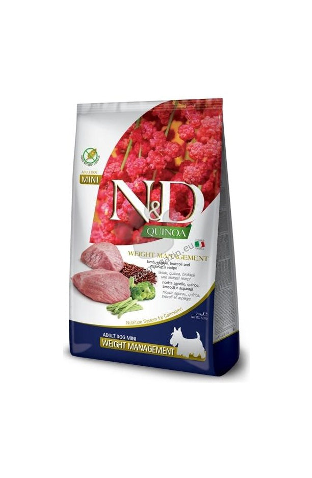 N&D Quinoa Weight Management Lamb, Broccoli Mini – пълноценна храна с киноа за кучета в зряла възраст над 1г. за мини породи за контрол на теглото с агнешко и броколи 7 кг.