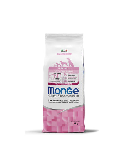 Monge All Breeds Puppy and Junior Monoprotein Pork with Rice and Potatoes - пълноценна суха храна за кученца от всички породи със свинско, ориз и картофи 12 кг