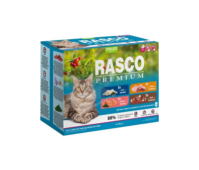 Rasco Premium Adult Sterilised - паучове за котка със сьомга, пуешко, патешко и треска 12 х 85 гр.
