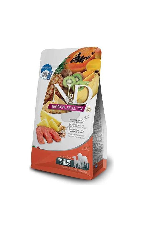 N&D Dog Tropical Selection Salmon Adult  Med/Max - суха храна за кучета над 1 година от средните и едри породи, със сьомга, спелта, овес и тропически плодове
