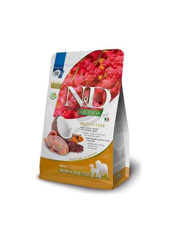N&D Quinoa Skin & Coat with Quail for adult Medium&Maxi dog – суха храна без зърнени култури за здрава кожа и козина, за кучета над 1 година от средни и едри породи, с пъдпъдък, киноа, кокос, и куркума 2.5 кг