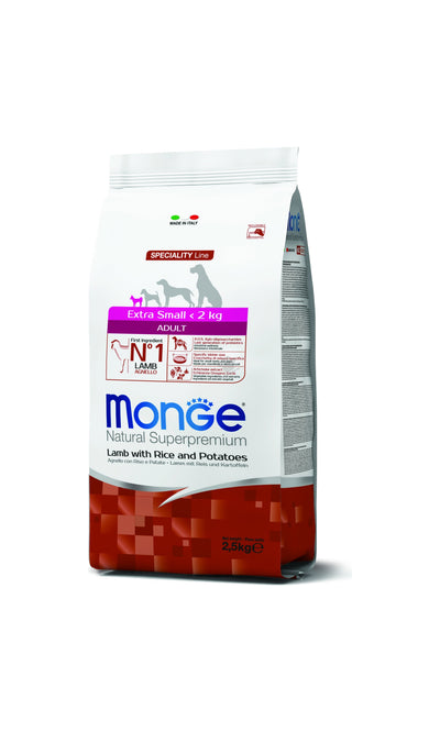Monge Extra Small Adult Lamb with Rice and Potatoes - пълноценна суха храна за кучета от мини породи с агнешко, ориз и картофи 2,5 кг