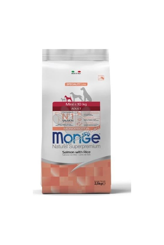 Monge Mini Adult Monoprotein Salmon with Rice - пълноценна суха храна за кучета в зряла възраст от малки породи със сьомга и ориз 2,5 кг