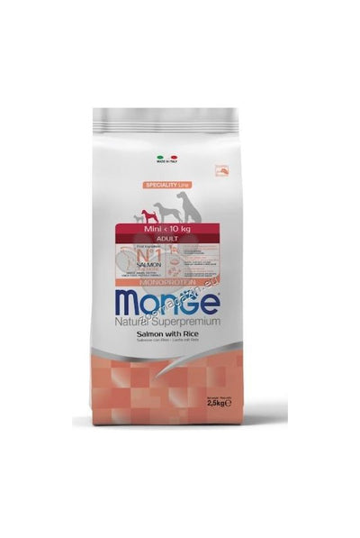 Monge Mini Adult Monoprotein Salmon with Rice - пълноценна суха храна за кучета в зряла възраст от малки породи със сьомга и ориз 2,5 кг