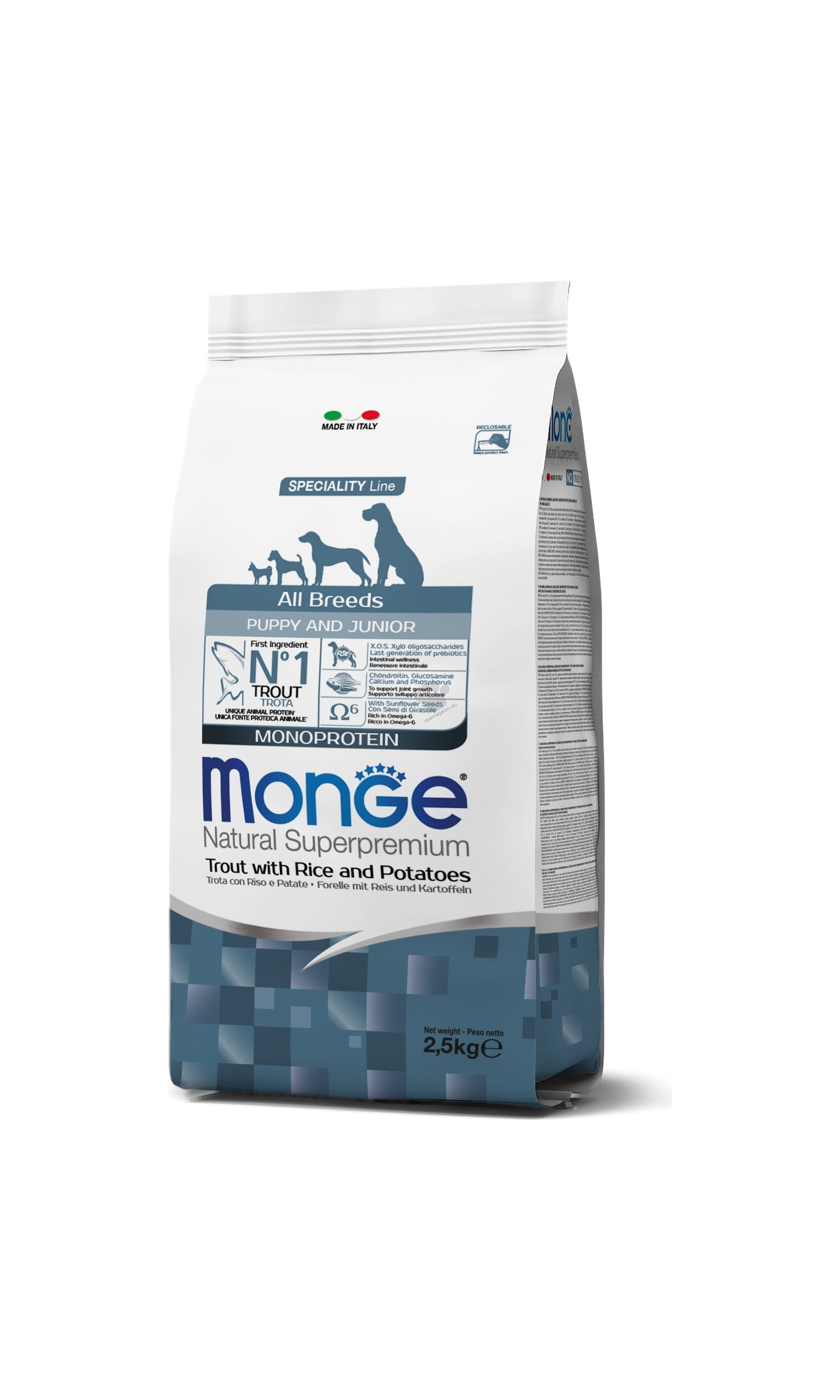 Monge All Breeds Puppy and Junior Monoprotein Trout with Rice and Potatoes - пълноценна суха храна за кученца от всички породи с пъстърва, ориз и картофи 2,5 кг