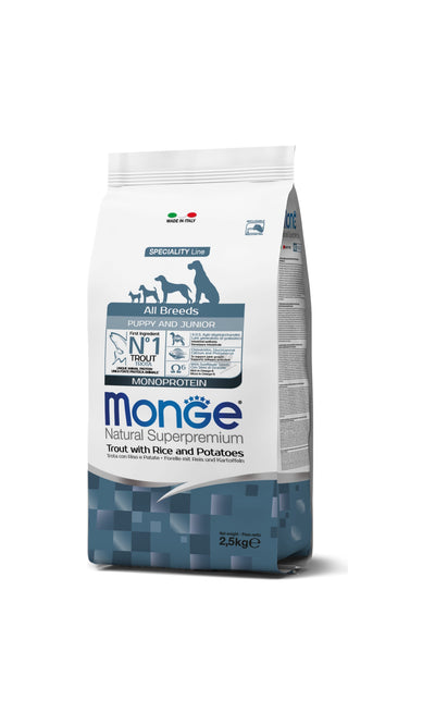 Monge All Breeds Puppy and Junior Monoprotein Trout with Rice and Potatoes - пълноценна суха храна за кученца от всички породи с пъстърва, ориз и картофи 2,5 кг