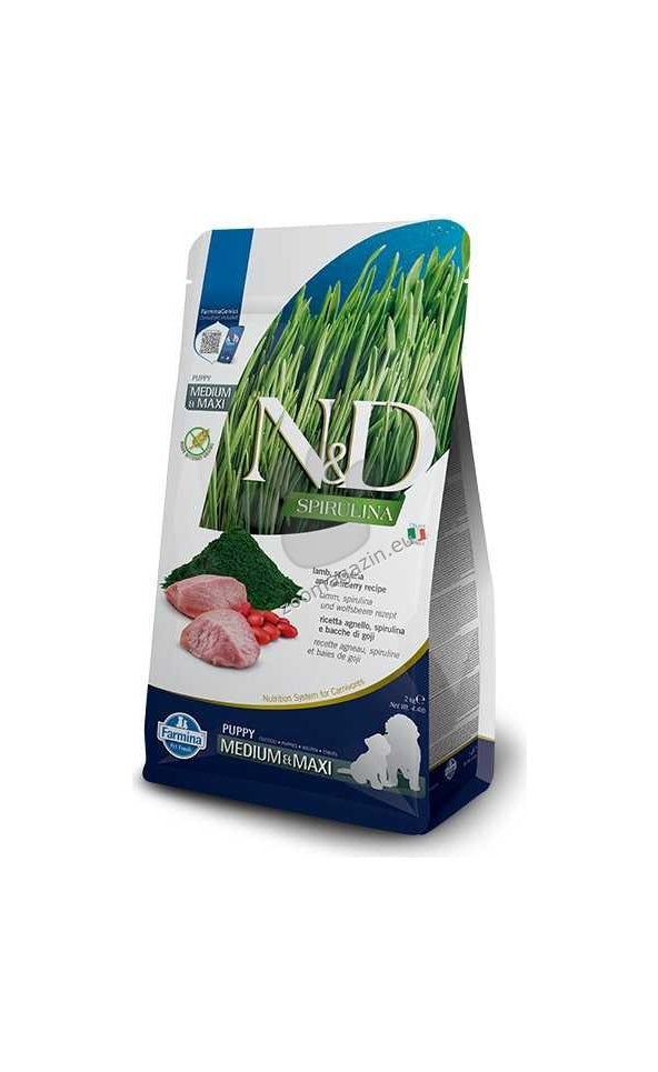 N&D SPIRULINA DOG LAMB & WOLFBERRY PUPPY MEDIUM & MAXI - пълноценна храна със спирулина за подрастващи кученца от средните и едри породи, с агне и годжи бери 7кг