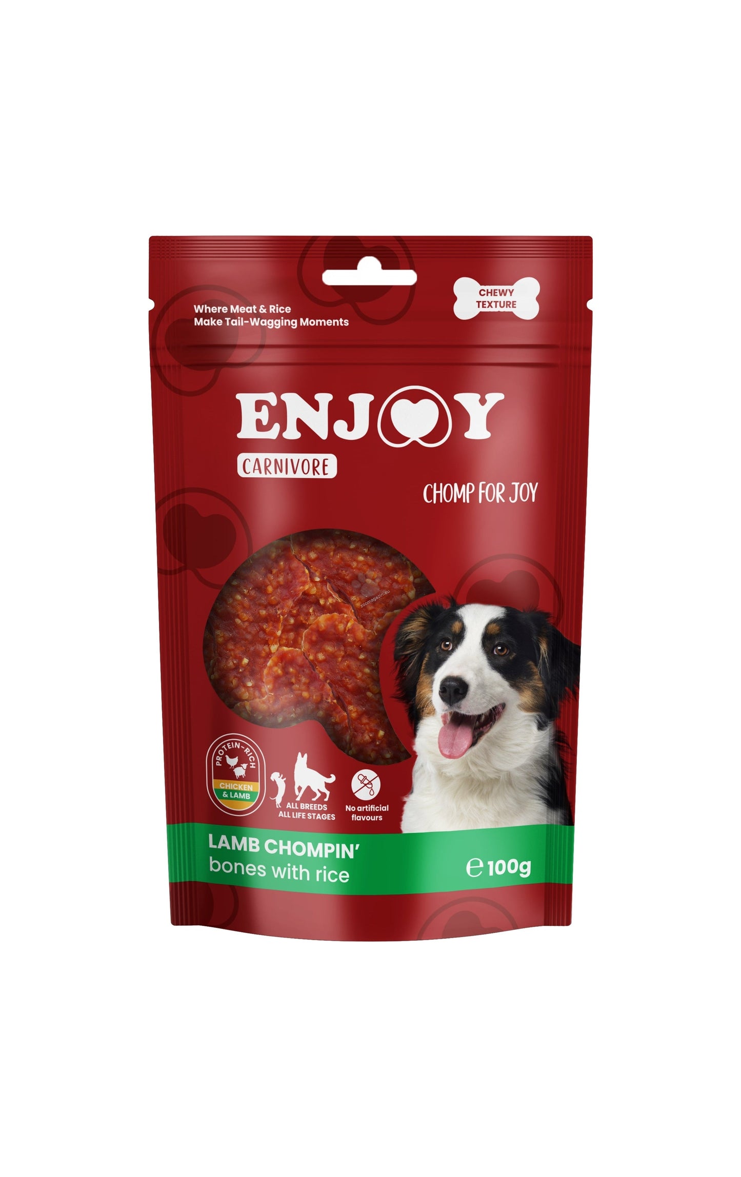 РАЗПРОДАЖБА Enjoy Carnivore Lamb Chompin Bones with Rice - лакомство за куче с агнешко месо и ориз 100 гр