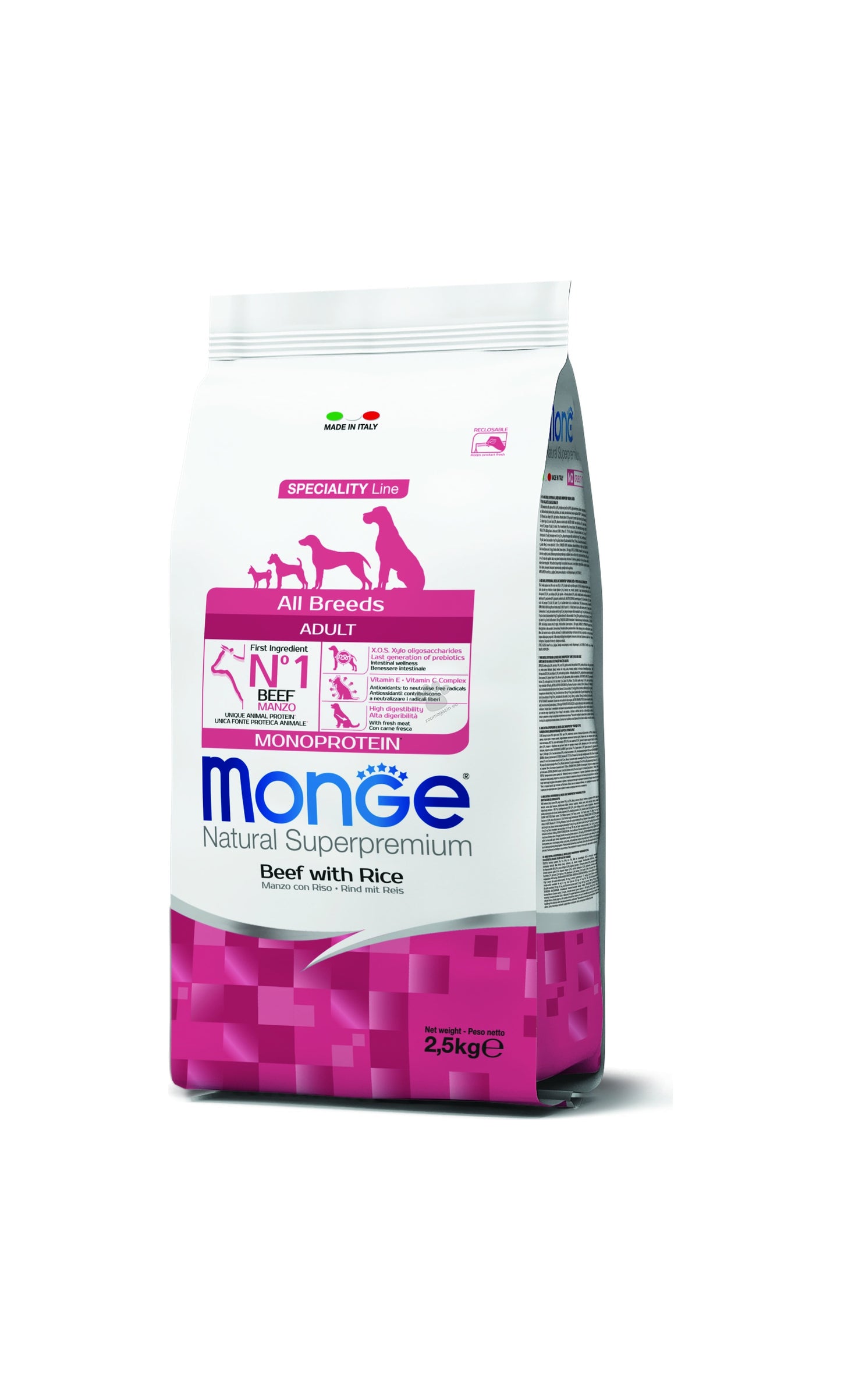 Monge All Breeds Adult Monoprotein Beef with Rice - пълноценна суха храна за кучета от всички породи с телешко и ориз 2,5 кг