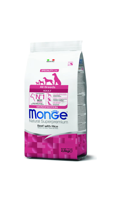 Monge All Breeds Adult Monoprotein Beef with Rice - пълноценна суха храна за кучета от всички породи с телешко и ориз 2,5 кг