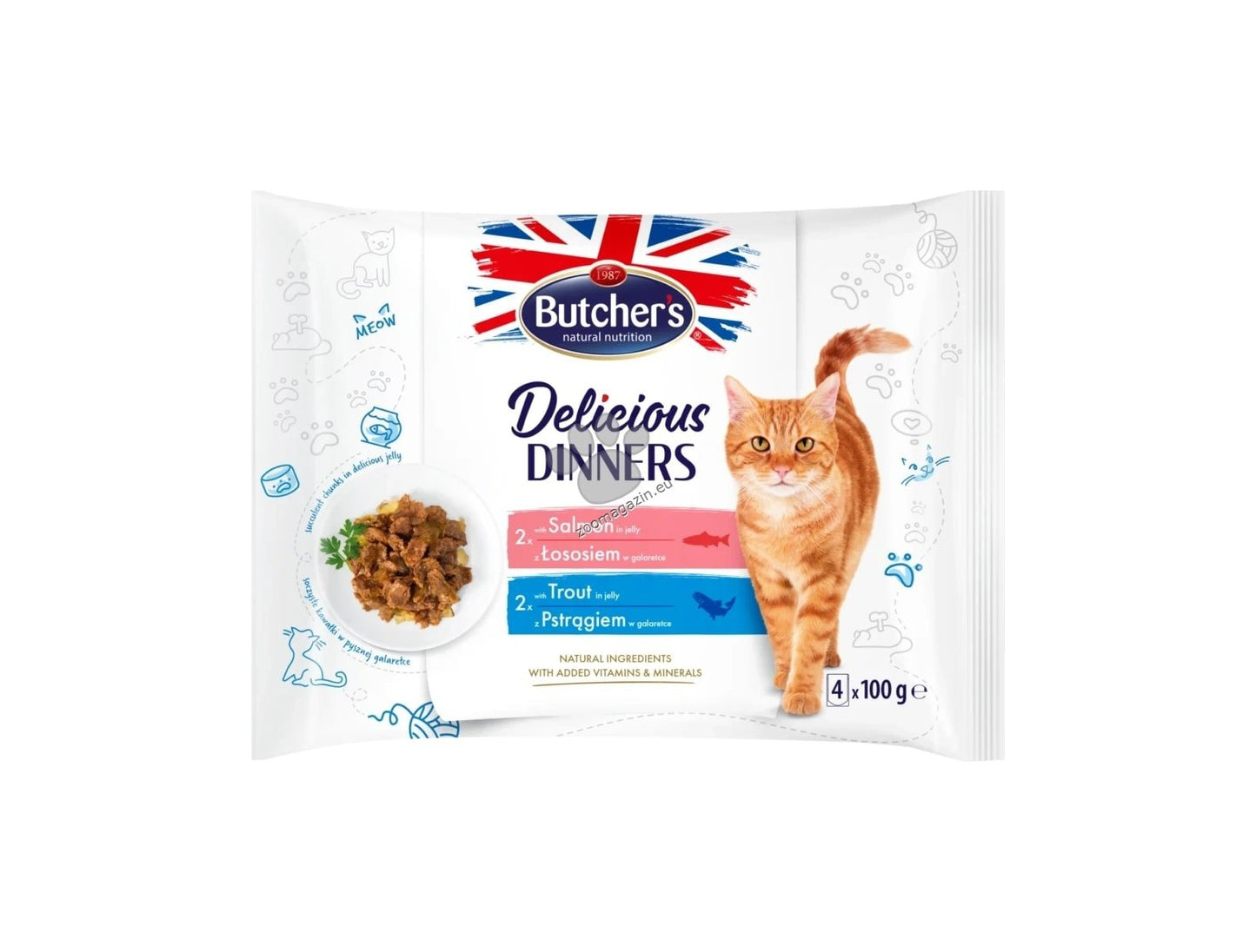 Butchers Delicious Dinners Multipack - паучове за котки със сьомга и пъстърва 4 x 100 гр