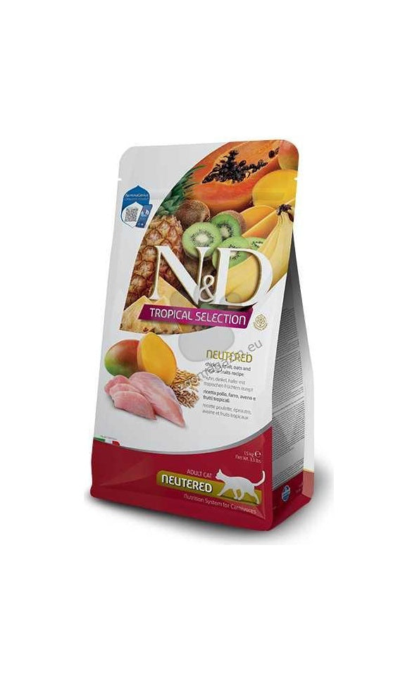 N&D Cat Tropical Selection Chicken Neutred - суха храна за кастрирани котки над 1 година, с пилешко, спелта, овес и тропически плодове