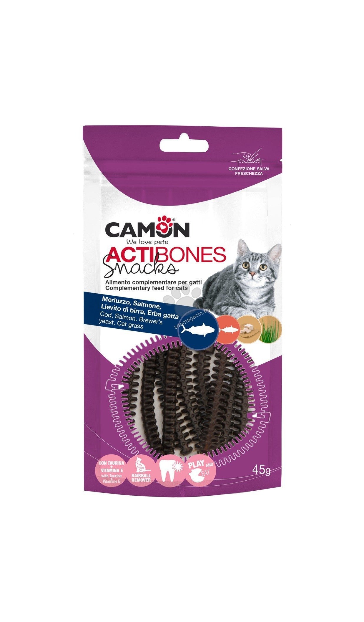 Camon Actibones with Cod and Salmon - дентално лакомство за котка с риба треска и сьомга 45 гр