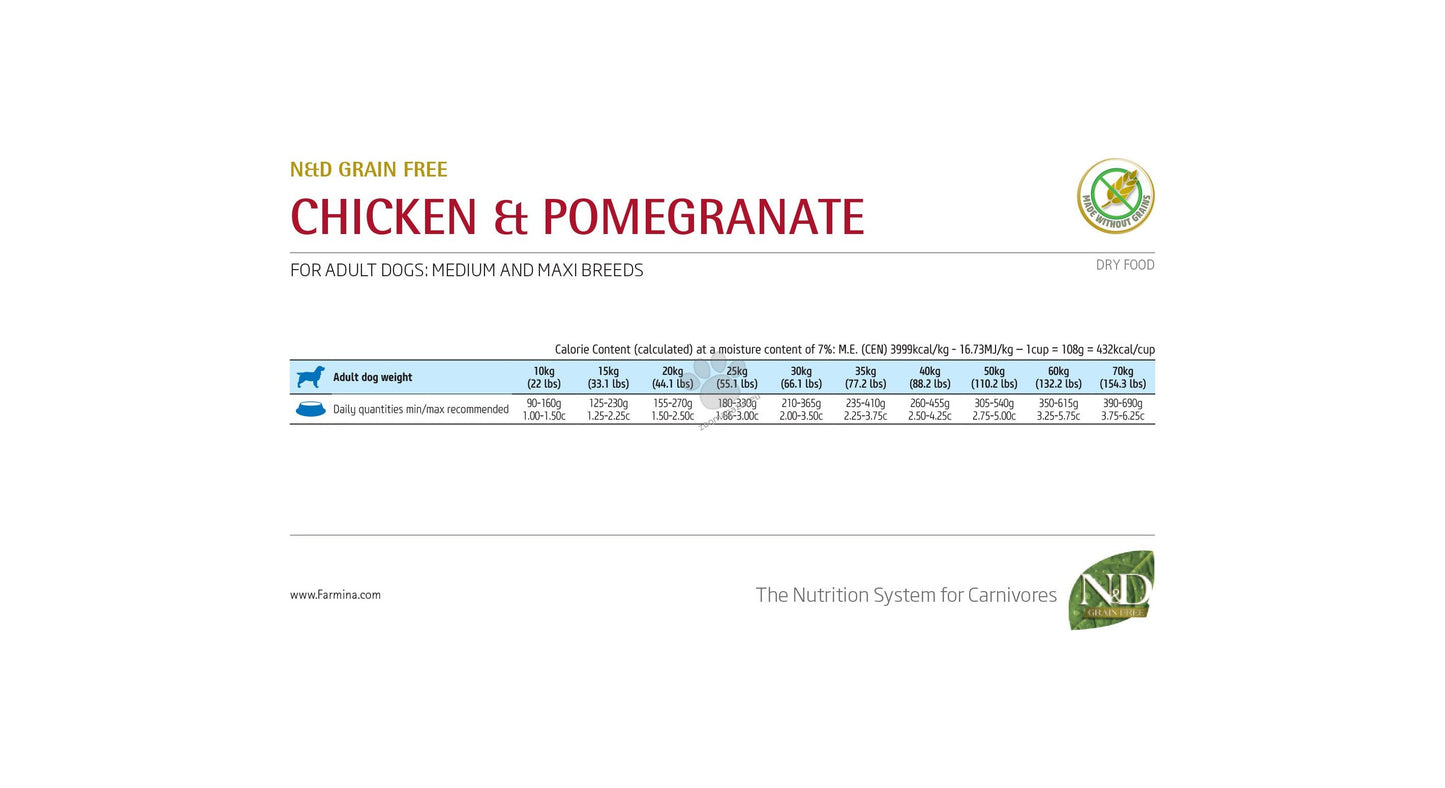 N&D Prime Chicken & Pomegranate Adult Medium & Maxi – суха храна без зърнени култури за кучета над 1 година от средни и едри породи с пилешко и нар 2.5 кг.