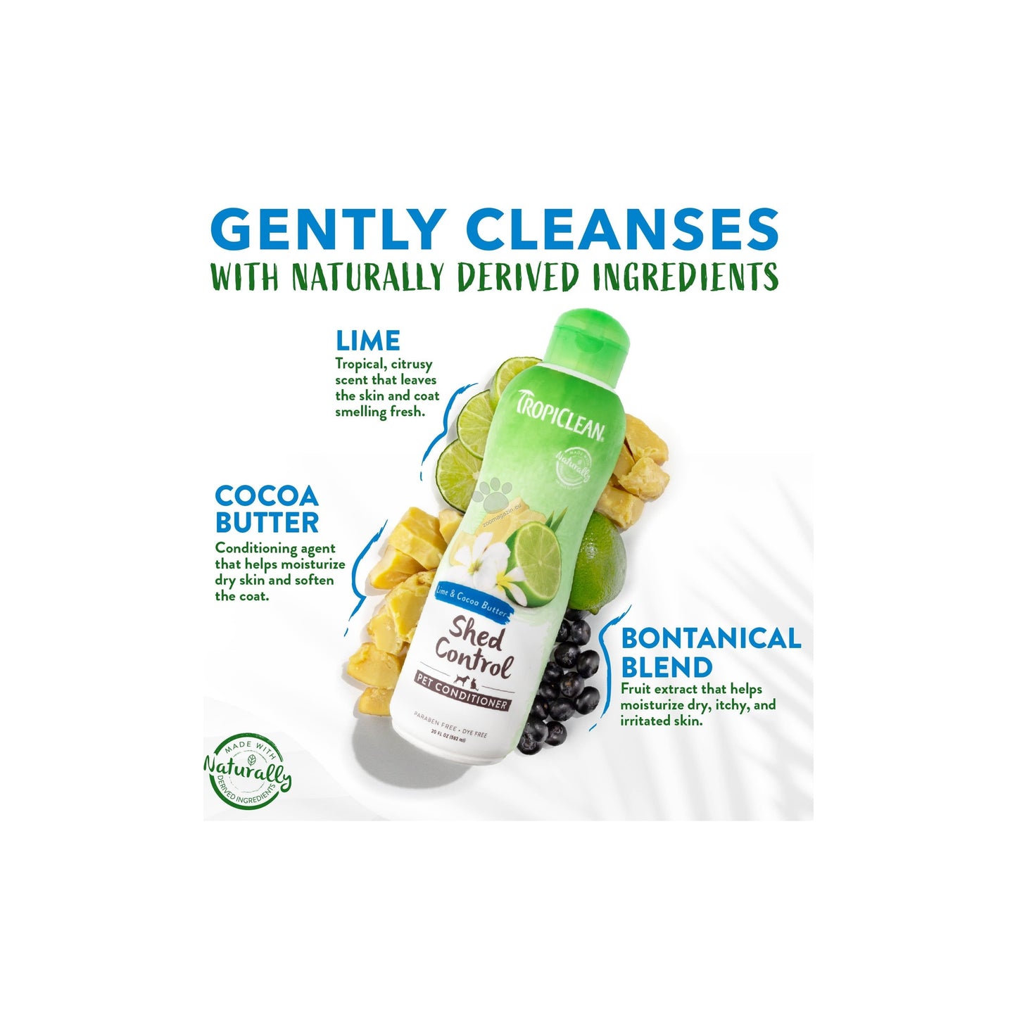 TropiClean Lime and Cocoa Butter Shed Control Conditioner for Pets - балсам за контрол на падащата козина при кучета и котки 355 мл