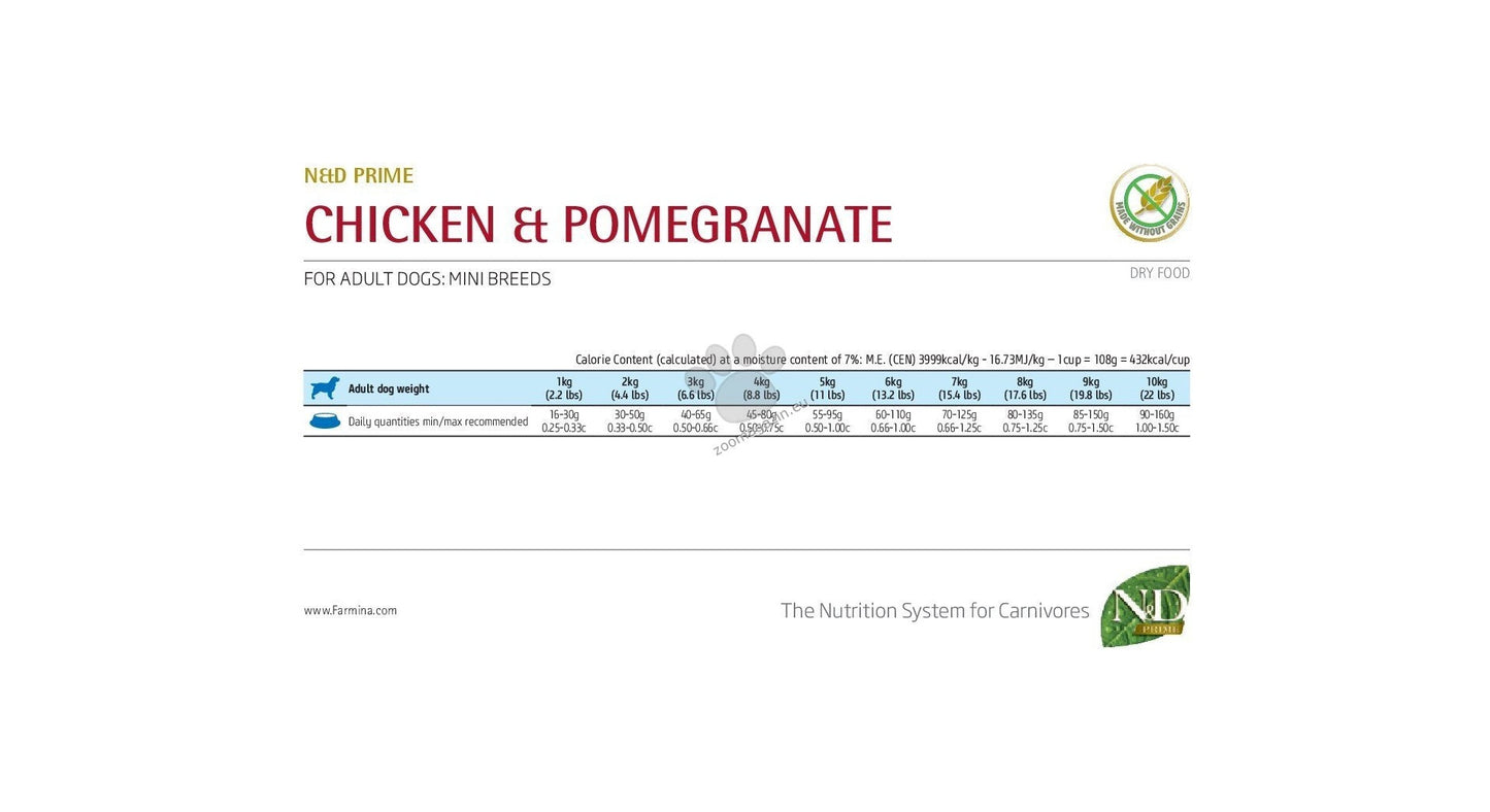 N&D Prime Chicken & Pomegranate Adult Mini – суха храна без зърнени култури за кучета в зряла възраст от дребни породи, с пилешко и нар