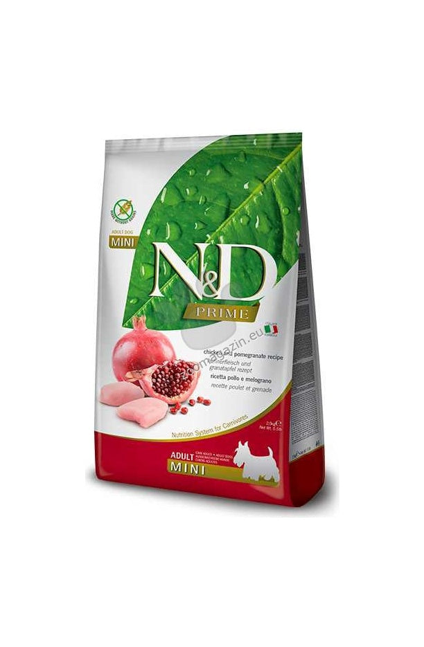 N&D Prime Chicken & Pomegranate Adult Mini – суха храна без зърнени култури за кучета в зряла възраст от дребни породи, с пилешко и нар