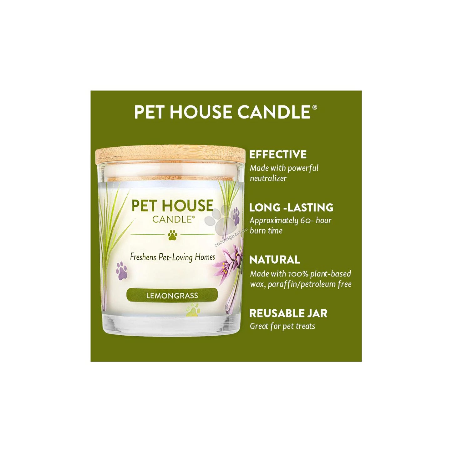 Pet House Candles Lemongrass - натурална свещ с аромат на лимонова трева 255 гр