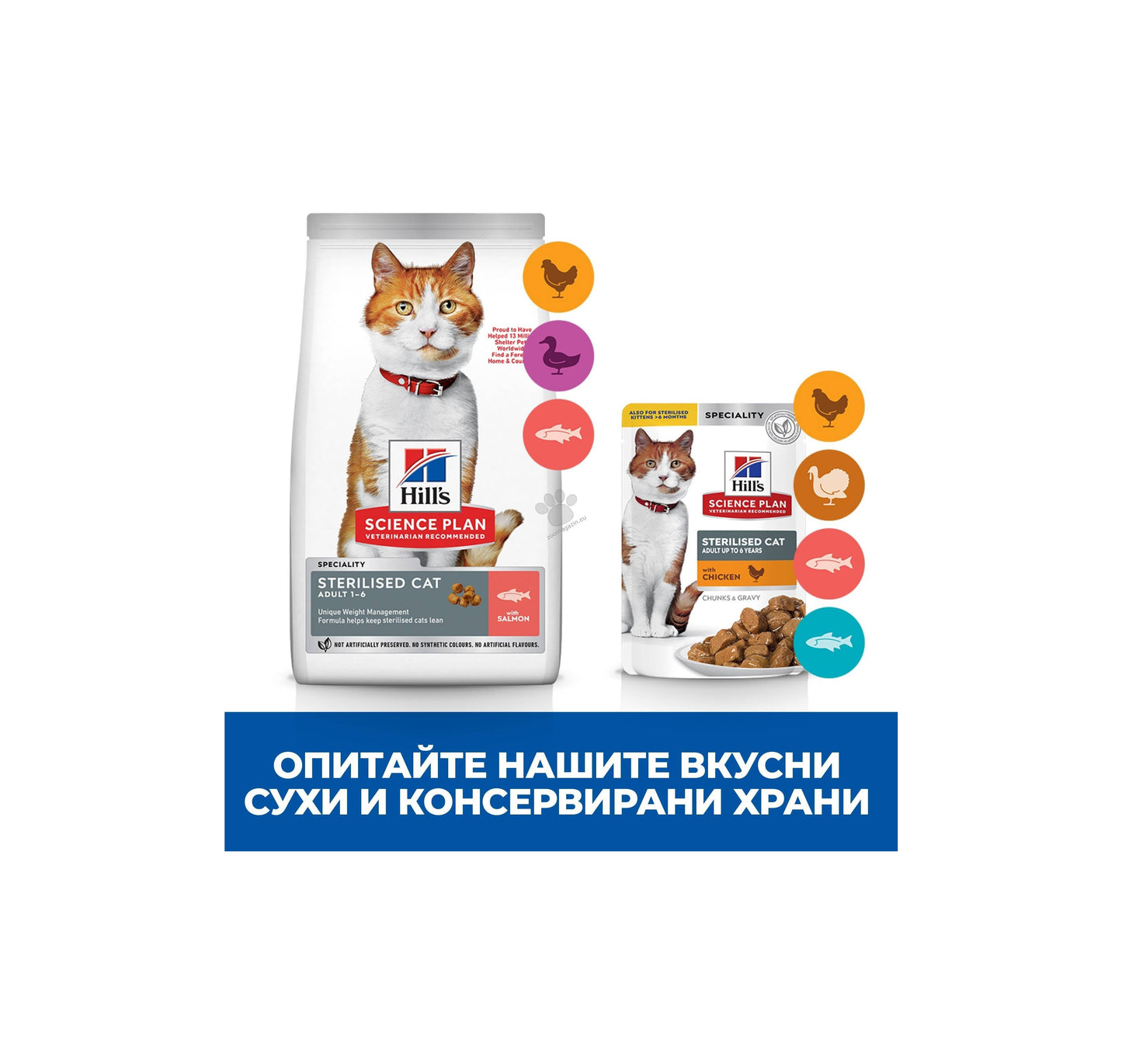Hills Science Plan Feline Adult Sterilised Salmon - пълноценна суха храна за израснали кастрирани котки от 1 до 6 години със сьомга 300 гр